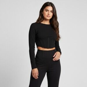 Women's Black Long-Sleeve Corset Crop Top & High-Waist Pants Set